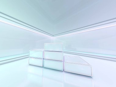 Sunum odası boş podyum ile. 3D render