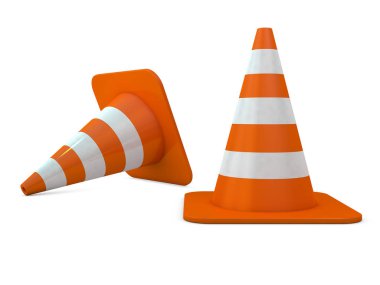 Yansıtıcı çizgili beyaz arka plan üzerinde izole turuncu plastik koni. 3D rendeing