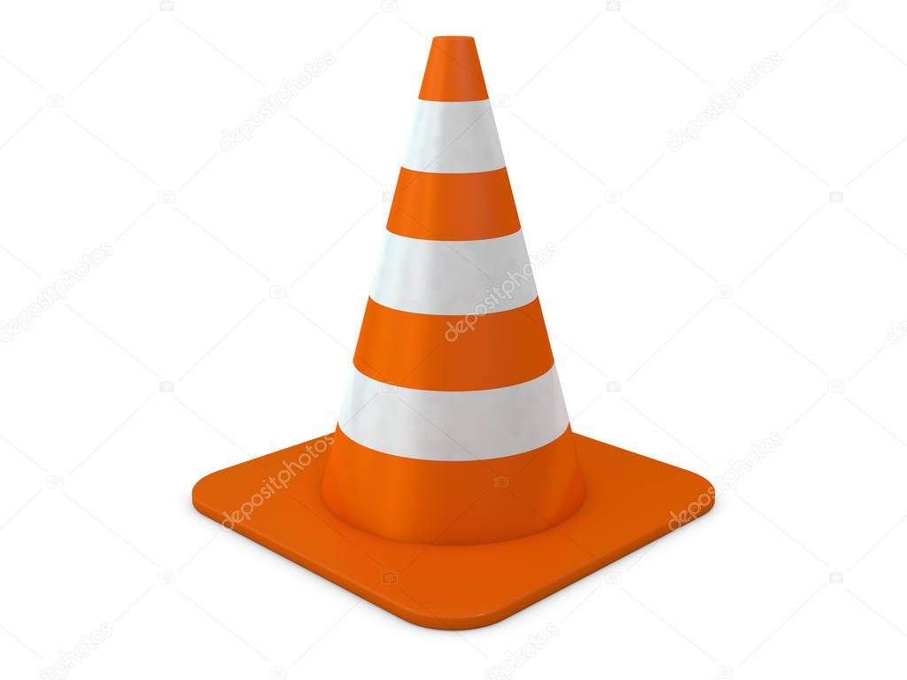 Orange plastic cone with reflective stripes isolated on white background. 3D rendeing