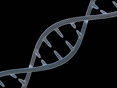 DNA molekülünün siyah bir arka plan önünde yer alır. Soyut kolaj. 3D render