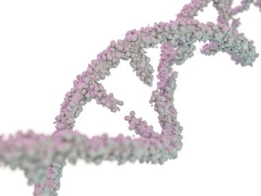 DNA molekülünün bir beyaz arka plan önünde yer alır. Soyut kolaj. 3D render