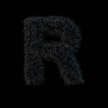 Büyük tüylü ve kürklü siyah yazı. Mektup R. 3d render