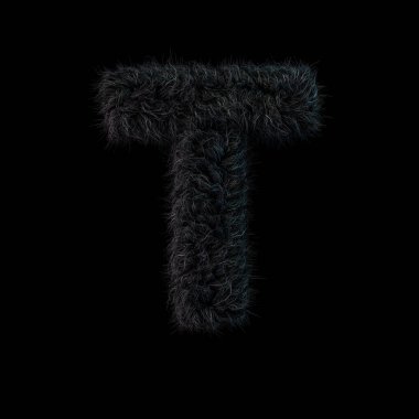 Büyük tüylü ve kürklü siyah yazı. Harf T. 3d render