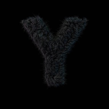 Büyük tüylü ve kürklü siyah yazı. Mektup Y. 3d render