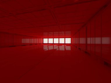 Boş bir oda duvar ve neon ışık arka plan. Neon ışınları ve kızdırma. 3D render