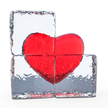 Red heart frozen in ice. 3D rendering clipart