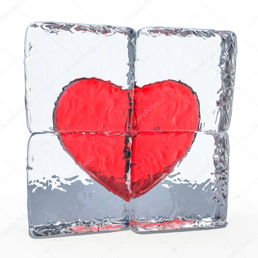 Red heart frozen in ice. 3D rendering