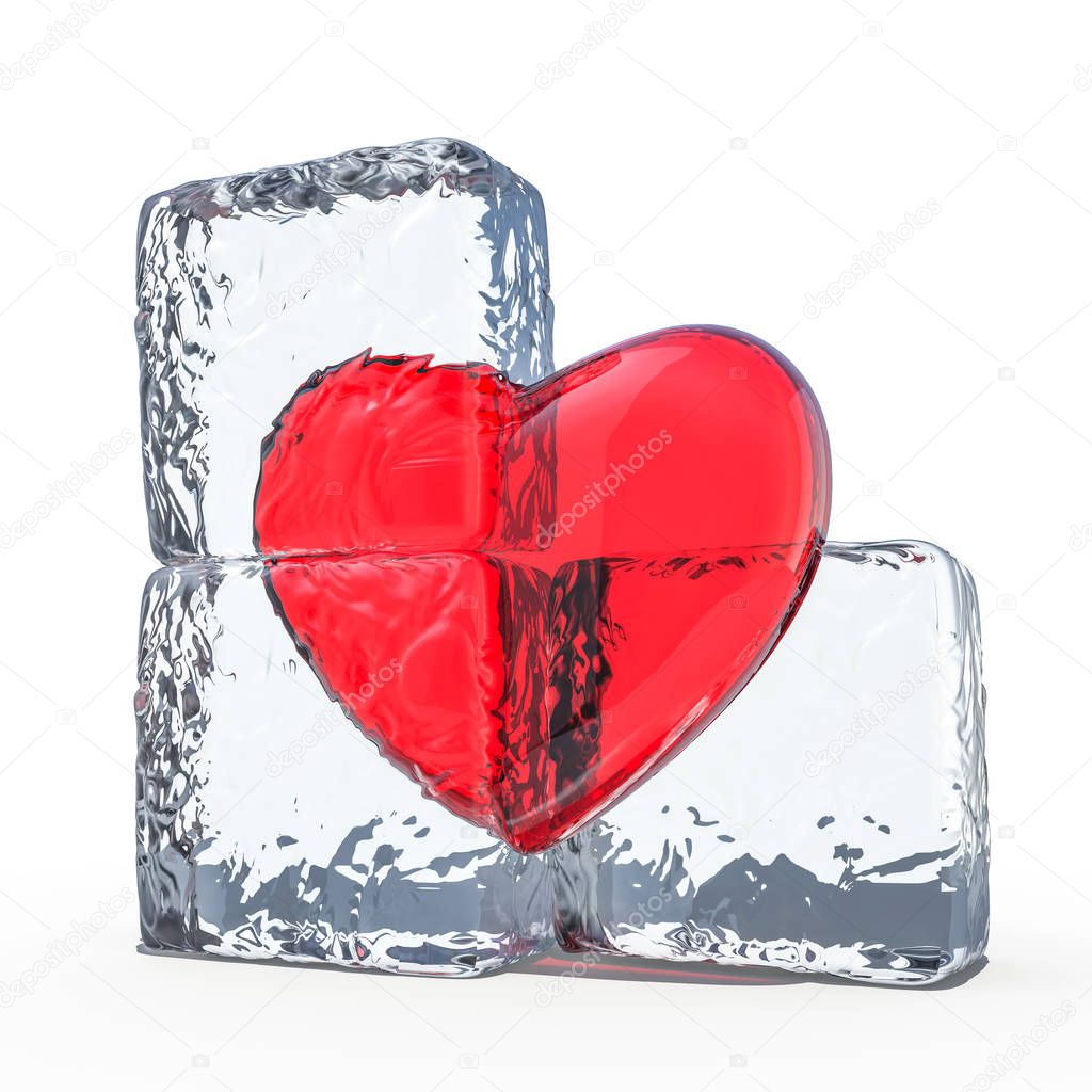 Red heart frozen in ice. 3D rendering