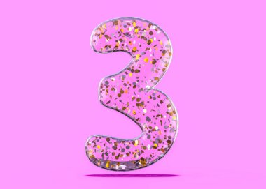 Üç numara. Alfabe Şeffaf folyo balonları. 3D render
