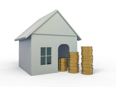 İpotek kavramı. Küçük ev oyuncak model. 3D render