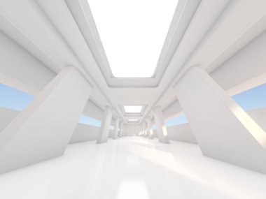Soyut modern mimari arka plan, boş açık alan iç mekanı. 3B görüntüleme