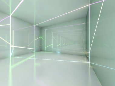 Soyut modern mimari arka plan, boş açık alan iç mekanı. 3B görüntüleme