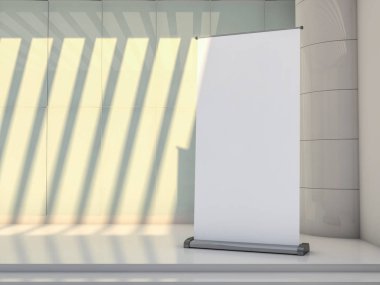 Boş rollup banner görüntü. Şablon mockup. 3D render