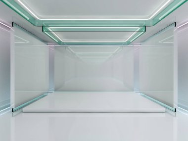 Soyut modern mimari arka plan, boş açık alan iç mekanı. 3B görüntüleme