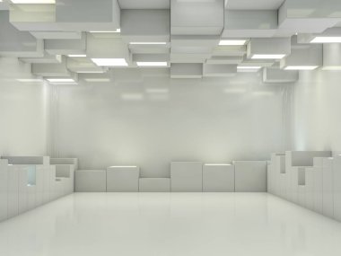 Soyut modern mimari arka plan, boş açık alan iç mekanı. 3B görüntüleme