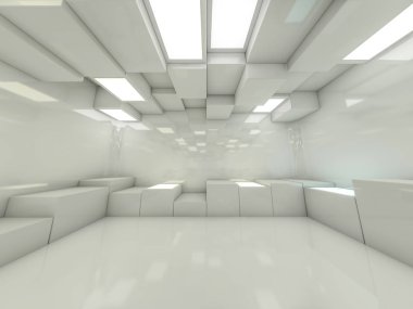 Soyut modern mimari arka plan, boş açık alan iç mekanı. 3B görüntüleme