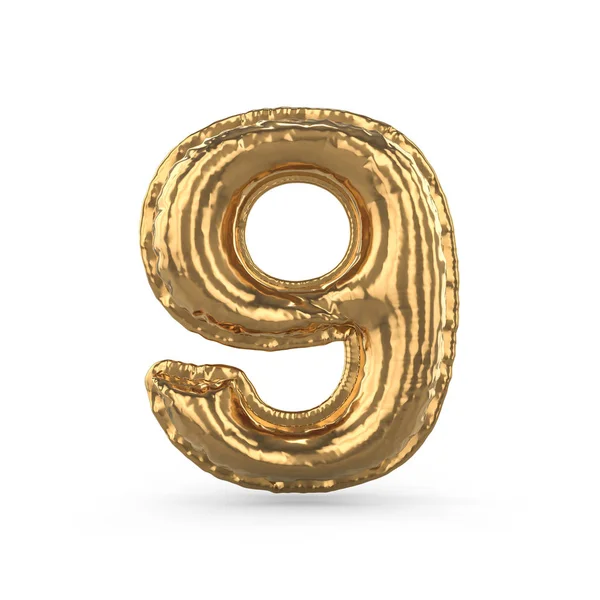 Gouden cijfers negen gemaakt van opblaasbare ballon geïsoleerd. 3D — Stockfoto