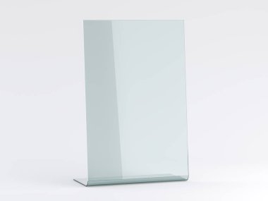 Beyaz arka planda kitapçıklar için cam standı. Mockup. 3d
