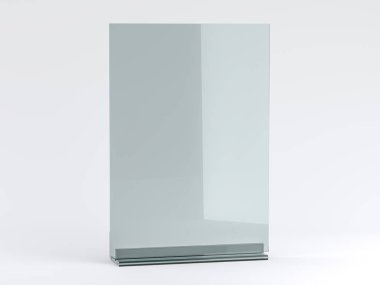 Beyaz arka planda kitapçıklar için cam standı. Mockup. 3d