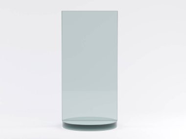 Beyaz arka planda kitapçıklar için cam standı. Mockup. 3d