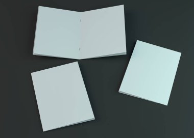 Boş broşür, dergi, koyu arka planda izole kitapçık mockup. 3d