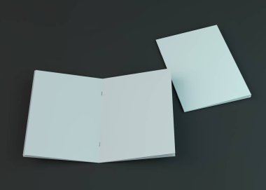 Boş broşür, dergi, koyu arka planda izole kitapçık mockup. 3d