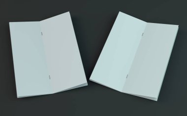 Boş broşür, dergi, koyu arka planda izole kitapçık mockup. 3d