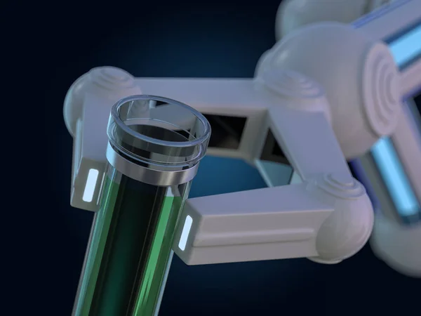 Δοκιμαστοσωλήνας στο βραχίονα ρομπότ. ρομπότ χειραγωγεί χημικούς σωλήνες. 3d — Φωτογραφία Αρχείου