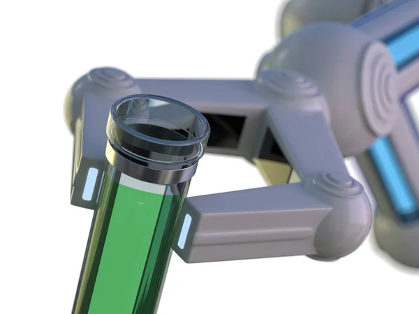 Tubo de ensayo en brazo robot. robot manipula tubos químicos. 3D — Foto de Stock