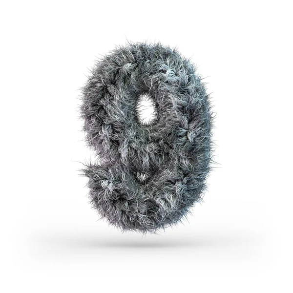 Uppercase fluffy and furry gray font. Digit nine. 3D — Stock Photo, Image
