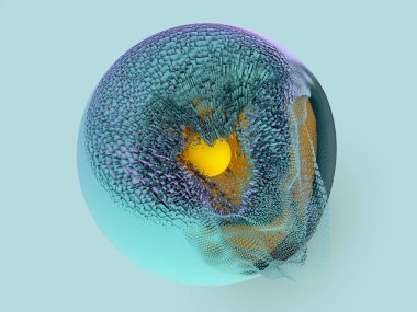 Küre ve parlayan çekirdekli soyut bir arkaplan. 3d