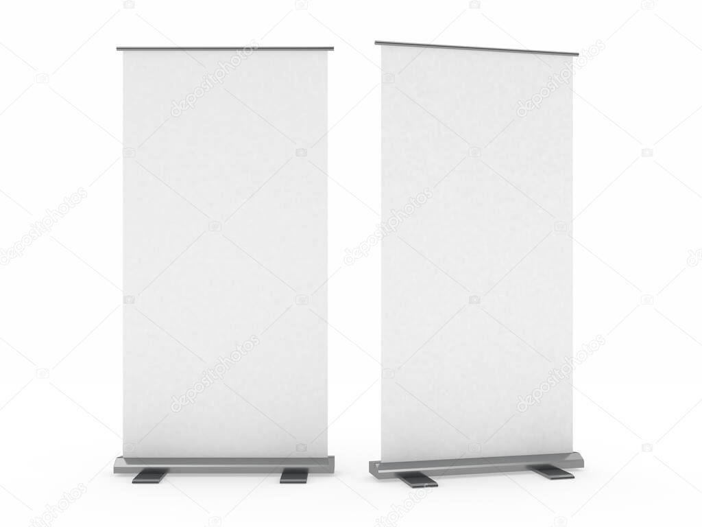 Blank roll up banner display. Template mockup. 3D
