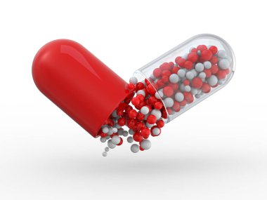 Beyaza izole edilmiş bir sürü renkli hap. 3d