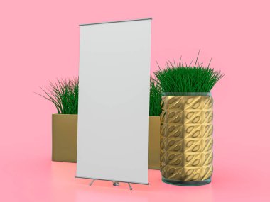 Pankart standını açın. Pembe arka plan modeli. 3B görüntüleme.