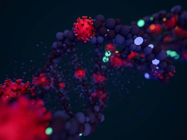 Covid-19. Patojen solunum koronavirüsü 2019-ncov gribi. Virüs DNA 'ya saldırır. 3B görüntüleme