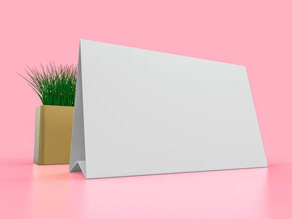 空白纸桌子帐篷 粉色背景的软垫 3D渲染 — 图库照片