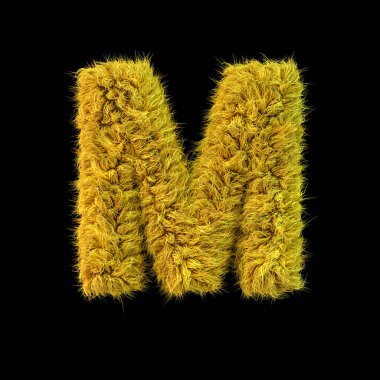 Büyük harf M büyük harf. Siyah arkaplanda sarı kabarık yazı tipi. 3B görüntüleme