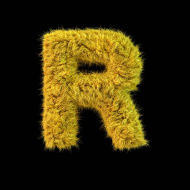 Büyük harf R. Büyük harf. Siyah arkaplanda sarı kabarık yazı tipi. 3B görüntüleme
