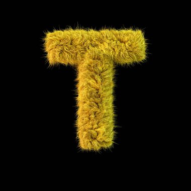 Büyük harf T büyük harf. Siyah arkaplanda sarı kabarık yazı tipi. 3B görüntüleme