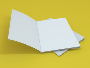 Sarı arka planda boş bir fotorealistik broşür modeli. 3B görüntüleme