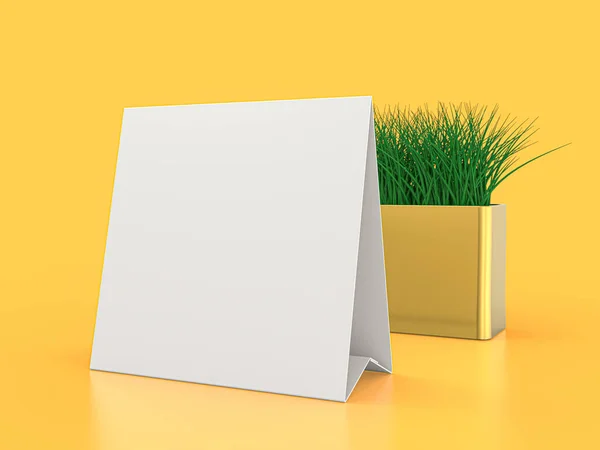 Barraca Mesa Papel Branco Mockup Fundo Amarelo Renderização — Fotografia de Stock