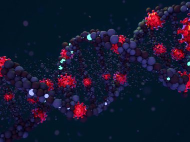 Covid-19. Patojen solunum koronavirüsü 2019-ncov gribi. Virüs DNA 'ya saldırır. 3B görüntüleme