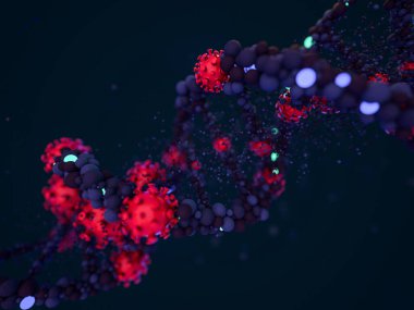 Covid-19. Patojen solunum koronavirüsü 2019-ncov gribi. Virüs DNA 'ya saldırır. 3B görüntüleme