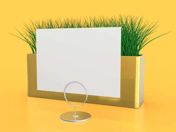 Barraca Mesa Papel Branco Mockup Fundo Amarelo Renderização — Fotografia de Stock