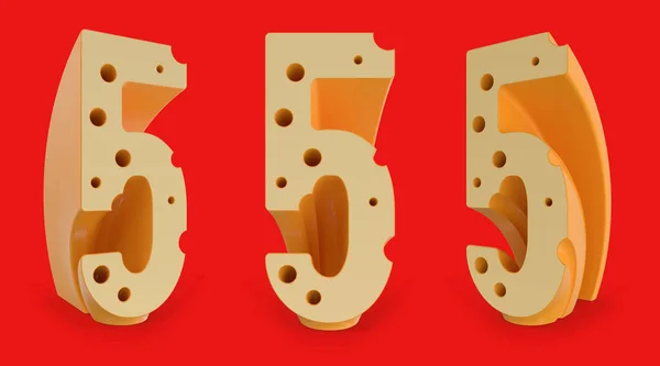 5号数字标志 奶酪字母和字体 一组三个关于红色的观点 3D渲染 — 图库照片