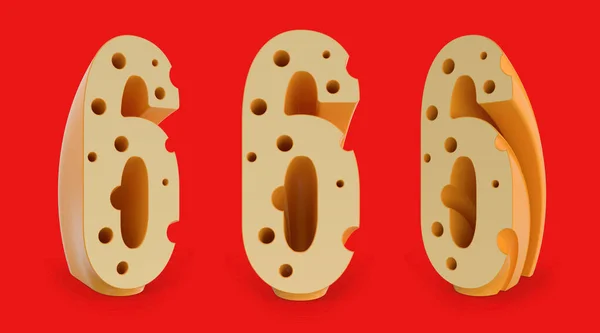 数字标志 奶酪字母和字体 一组三个关于红色的观点 3D渲染 — 图库照片