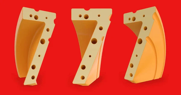 Number 7. Digital sign. Cheese alphabet and font. Set of three view points on red. 3D rendering