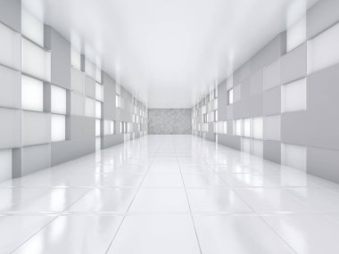 Soyut modern mimari arka plan, boş açık alan iç mekanı. 3B görüntüleme