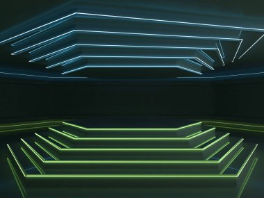 Soyut karanlık modern mimari arka plan, boş açık alan iç mekanı. 3B görüntüleme