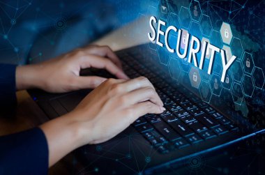 Bilgisayarın enter tuşuna bas. Anahtar kilit güvenlik sistemi soyut teknoloji dünya dijital bağlantı siber güvenlik yüksek teknoloji mavi arka planda, giriş için şifre girin. Klavyeyi kilitle